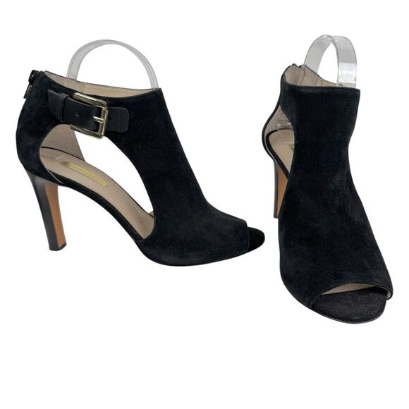 Louise Et Cie Olivia Peep-Toe High Heel Bootie 9 Black Suede Gold Evening Office - Picture 3 of 15